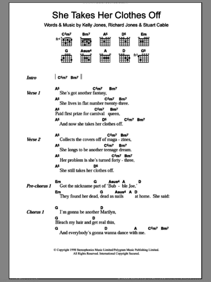 She Takes Her Clothes Off sheet music for guitar (chords) by Stereophonics, Kelly Jones, Richard Jones and Stuart Cable, intermediate skill level