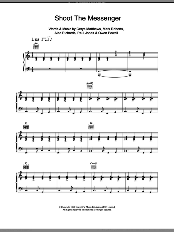 Shoot The Messenger sheet music for voice, piano or guitar by Catatonia, Aled Richards, Cerys Matthews, Mark Roberts, Owen Powell and Paul Jones, intermediate skill level
