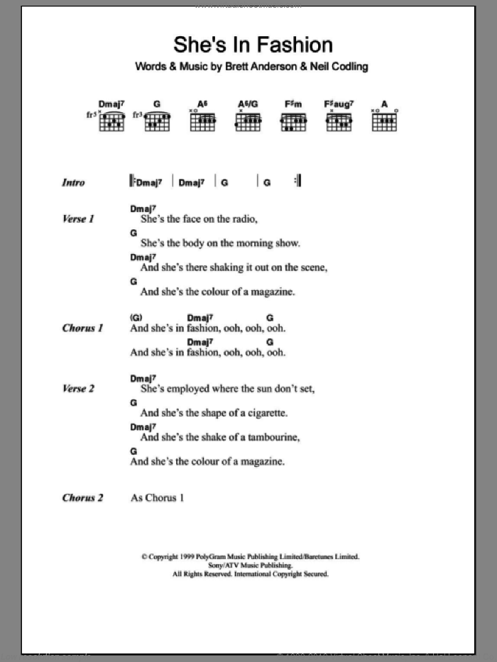 She's In Fashion sheet music for guitar (chords) by Suede, Brett Anderson and Neil Codling, intermediate skill level