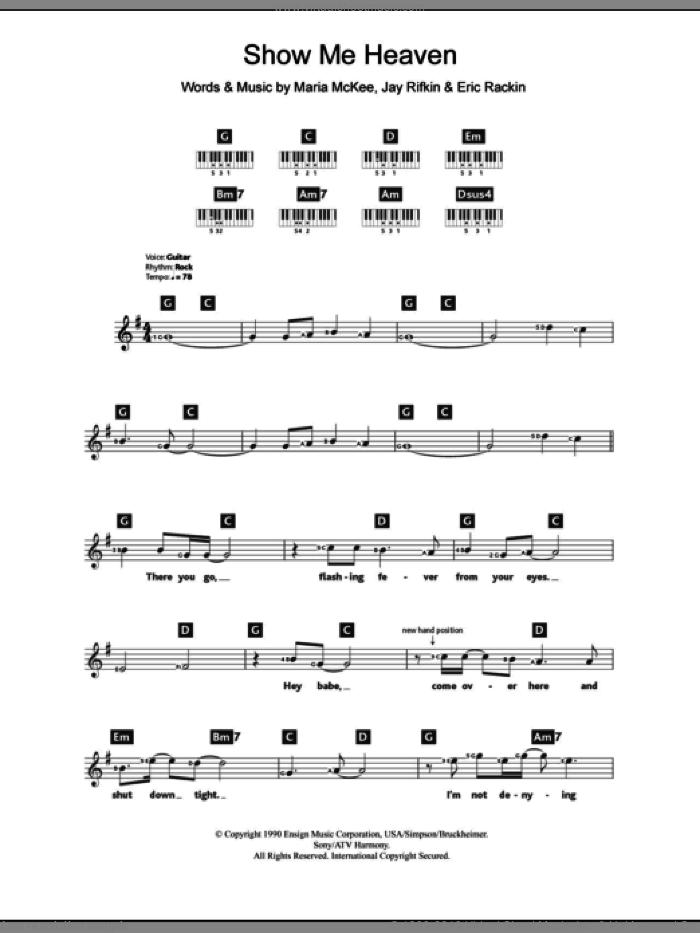 Show Me Heaven sheet music for piano solo (chords, lyrics, melody) by Maria McKee, Eric Rackin and Jay Rifkin, intermediate piano (chords, lyrics, melody)