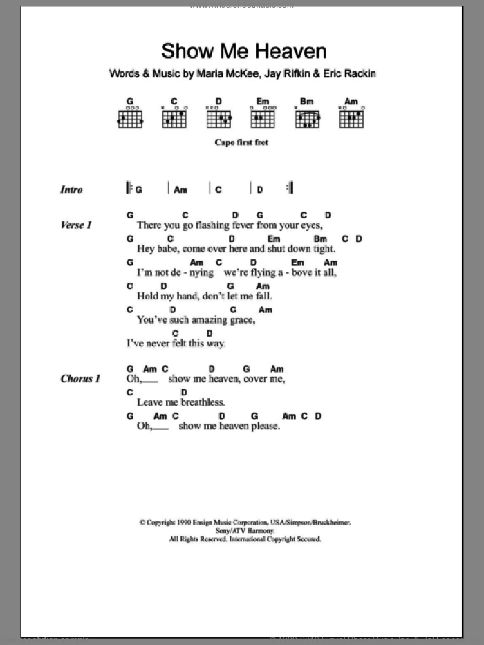 Show Me Heaven sheet music for guitar (chords) by Maria McKee, Eric Rackin and Jay Rifkin, intermediate skill level