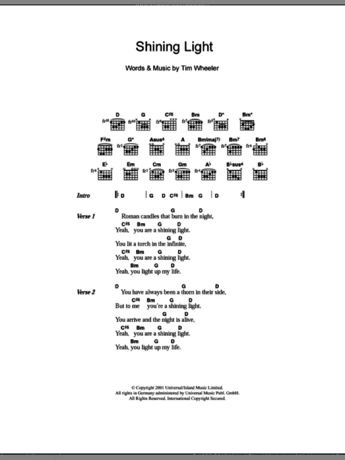 Shining Light sheet music for guitar (chords) by Tim Wheeler, intermediate skill level
