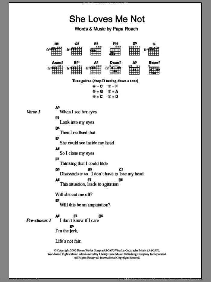 She Loves Me Not sheet music for guitar (chords) by Papa Roach, intermediate skill level