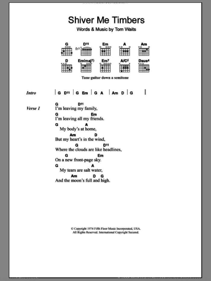 Shiver Me Timbers sheet music for guitar (chords) by Tom Waits, intermediate skill level