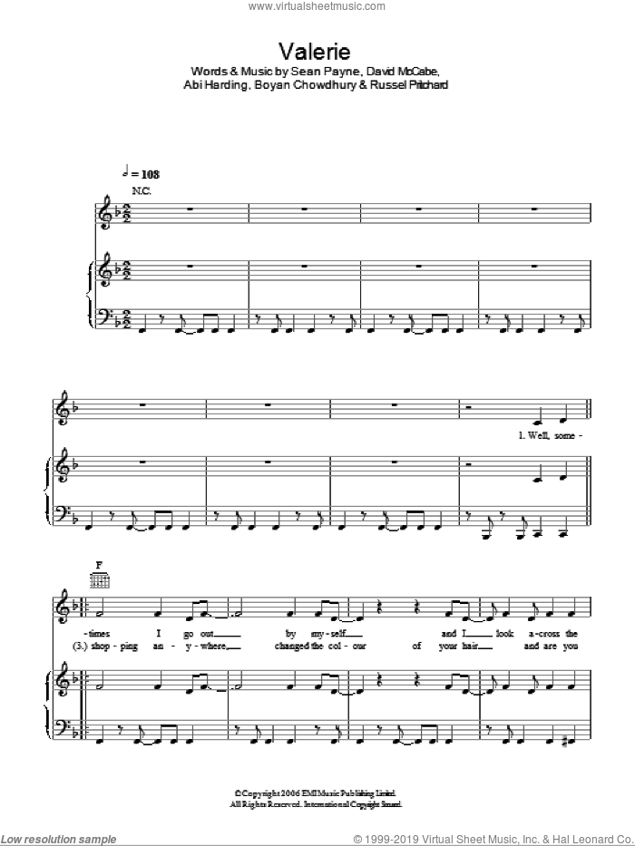 Valerie sheet music for voice, piano or guitar by Glee Cast, Miscellaneous, The Zutons, Abi Harding, Amy Winehouse, Boyan Chowdhury, David McCabe, Russel Pritchard and Sean Payne, intermediate skill level