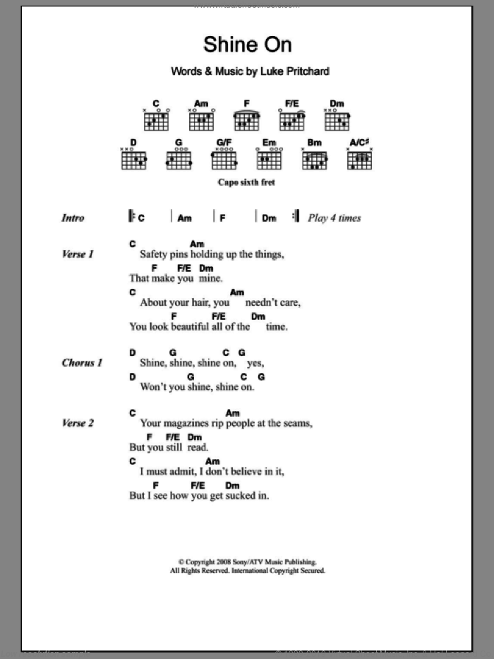 Shine On sheet music for guitar (chords) by The Kooks and Luke Pritchard, intermediate skill level