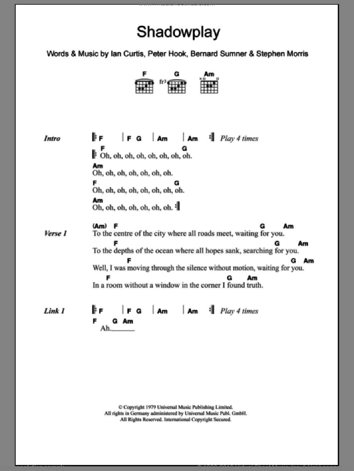 Shadowplay sheet music for guitar (chords) by The Killers, Joy Division, Bernard Sumner, Ian Curtis, Peter Hook and Stephen Morris, intermediate skill level