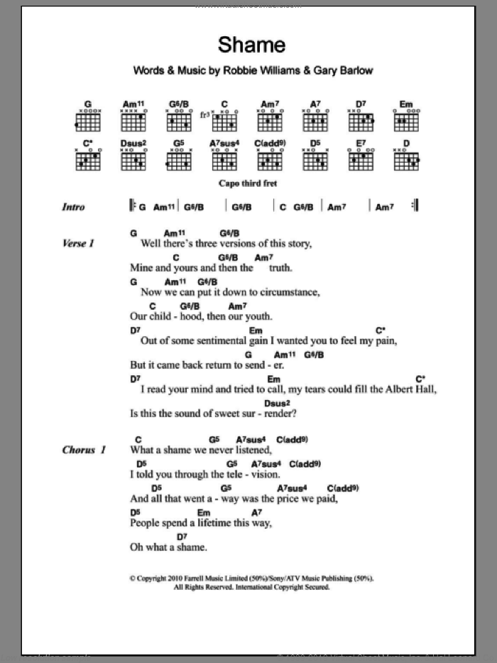 Shame sheet music for guitar (chords) by Robbie Williams & Gary Barlow, Gary Barlow and Robbie Williams, intermediate skill level