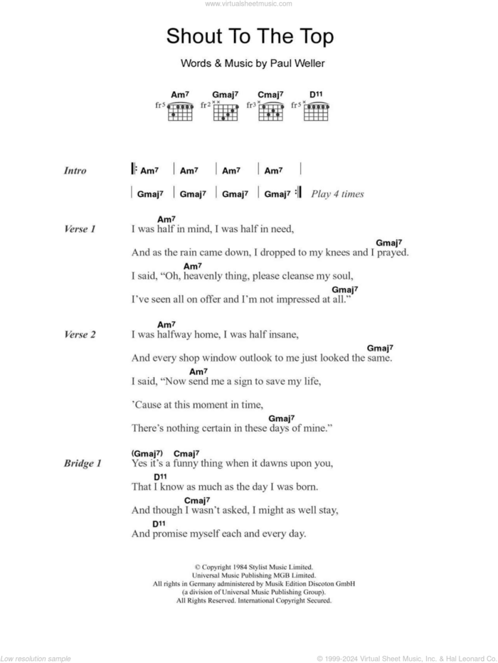 Shout To The Top sheet music for guitar (chords) by The Style Council and Paul Weller, intermediate skill level