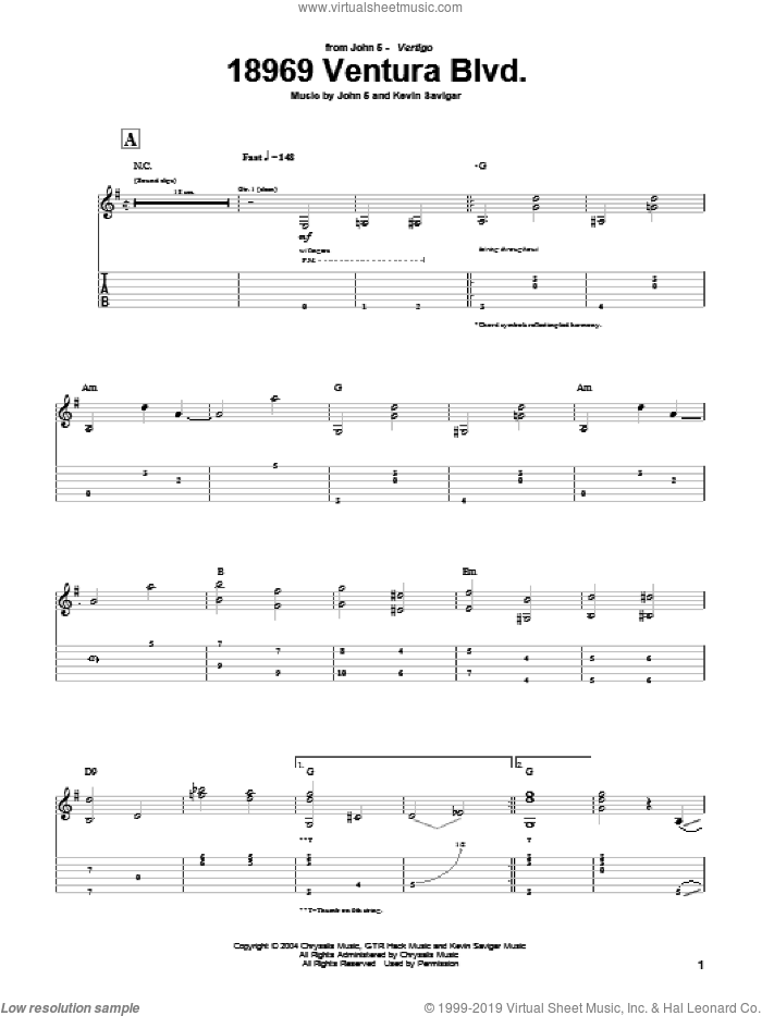 18969 Ventura Blvd. sheet music for guitar (tablature) by John5 and Kevin Savigar, intermediate skill level