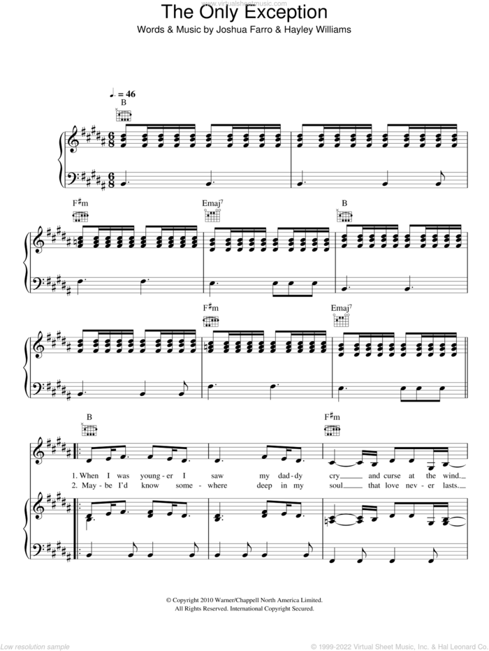 The Only Exception sheet music for voice, piano or guitar by Glee Cast, Hayley Williams, Miscellaneous and Josh Farro, intermediate skill level
