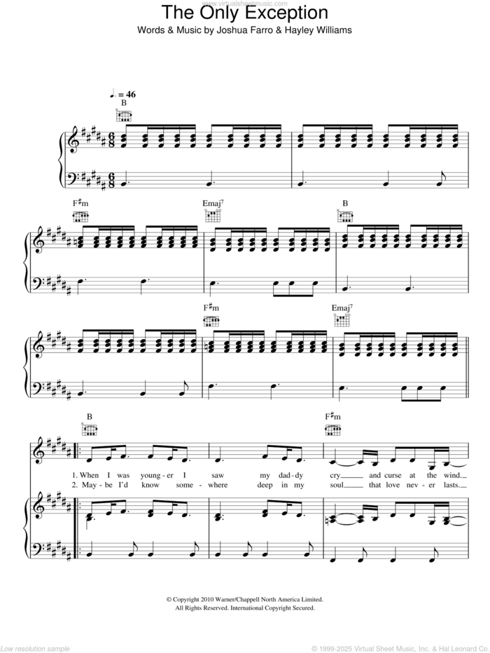 The Only Exception sheet music for voice, piano or guitar by Glee Cast, Hayley Williams, Miscellaneous and Josh Farro, intermediate skill level