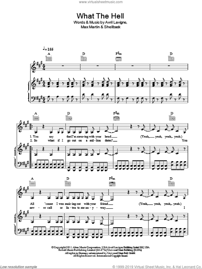 What The Hell sheet music for voice, piano or guitar by Avril Lavigne, Max Martin and Shellback, intermediate skill level
