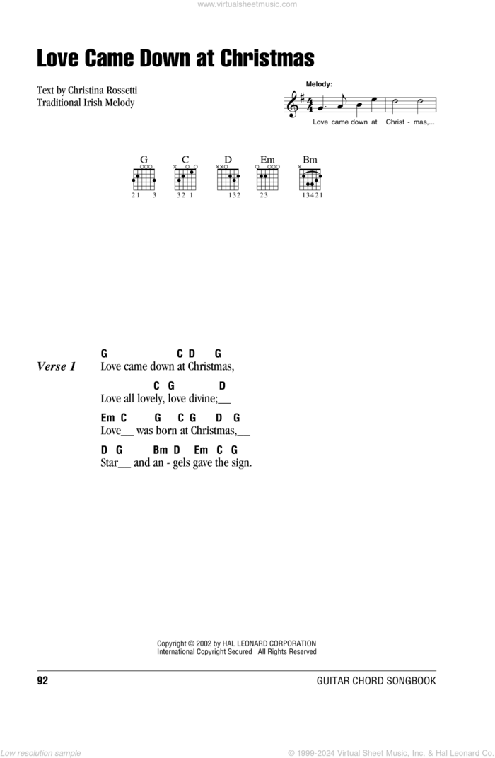 Love Came Down At Christmas sheet music for guitar (chords) by Christina Rossetti and Miscellaneous, intermediate skill level