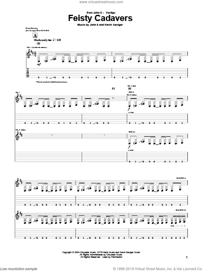 Feisty Cadavers sheet music for guitar (tablature) by John5 and Kevin Savigar, intermediate skill level