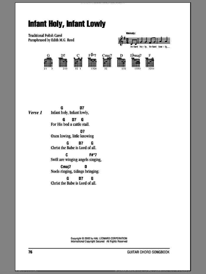 Infant Holy, Infant Lowly sheet music for guitar (chords) by Edith M.G. Reed and Miscellaneous, intermediate skill level