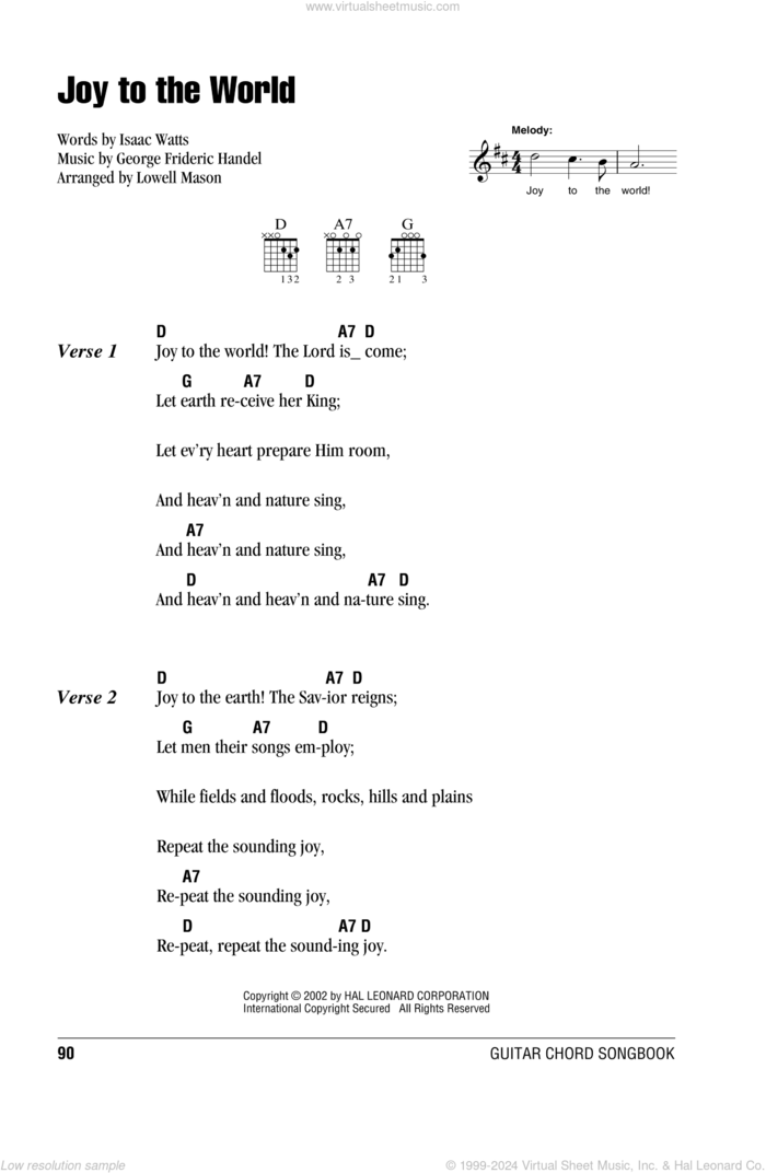 Joy To The World sheet music for guitar (chords) by Isaac Watts, George Frideric Handel and Lowell Mason, intermediate skill level