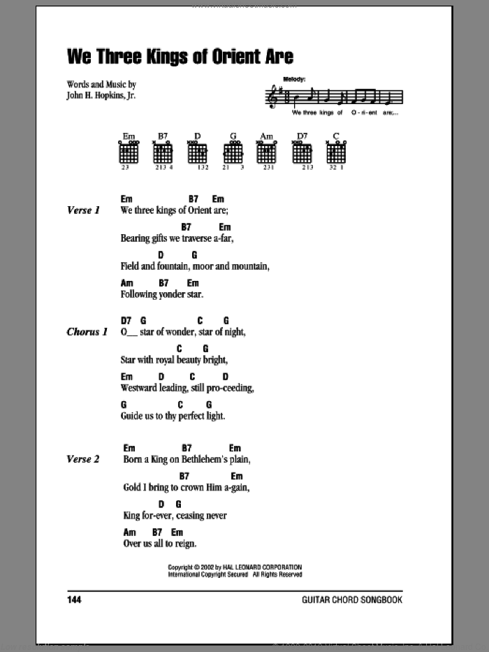 We Three Kings Of Orient Are sheet music for guitar (chords) by John H. Hopkins, Jr., intermediate skill level