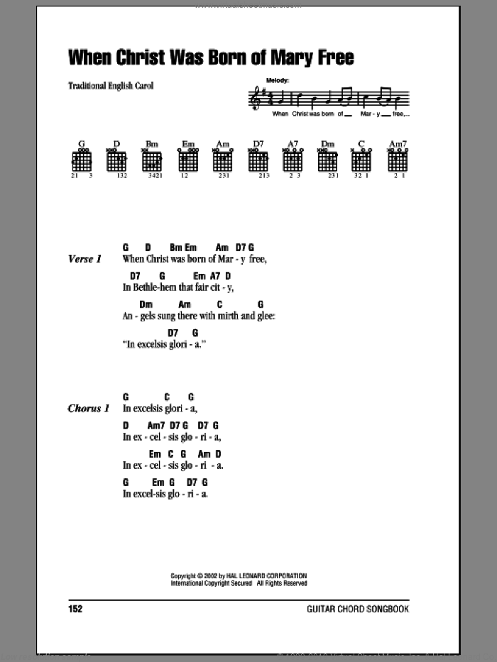 When Christ Was Born Of Mary Free sheet music for guitar (chords) by Arthur H. Brown, Miscellaneous and Traditional Text, 15th Century, intermediate skill level