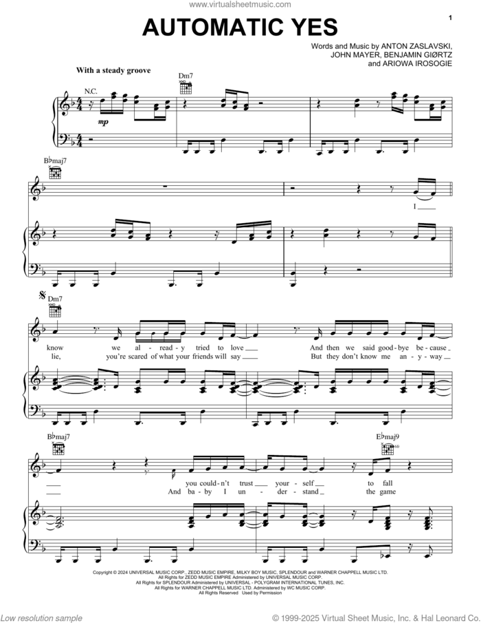 Automatic Yes (feat. John Mayer) sheet music for voice, piano or guitar by Zedd, Zedd feat. John Mayer, (Benjamin Gioertz), (Benjamin Giortz), Anton Zaslavski, Ariowa Irosogie, Benjamin GiAurtz and John Mayer, intermediate skill level