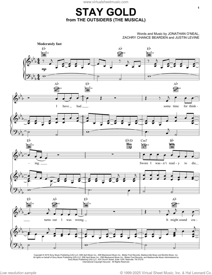 Stay Gold (from The Outsiders) sheet music for voice, piano or guitar by Jonathan O'Neal and Zachry Chance Bearden and Justin Levine, Justin Levine and Zachry Chance Bearden, intermediate skill level