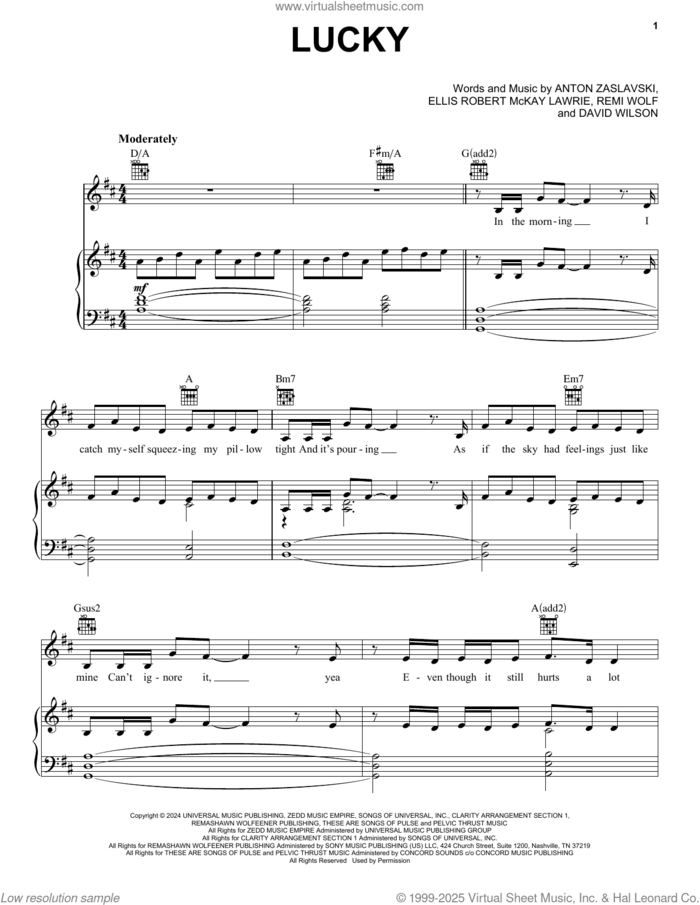 Lucky (feat. Remi Wolf) sheet music for voice, piano or guitar by Zedd, Zedd feat. Remi Wolf, Anton Zaslavski, David Wilson, Ellis Robert Mckay Lawrie, Ilya Kozich and Remi Wolf, intermediate skill level