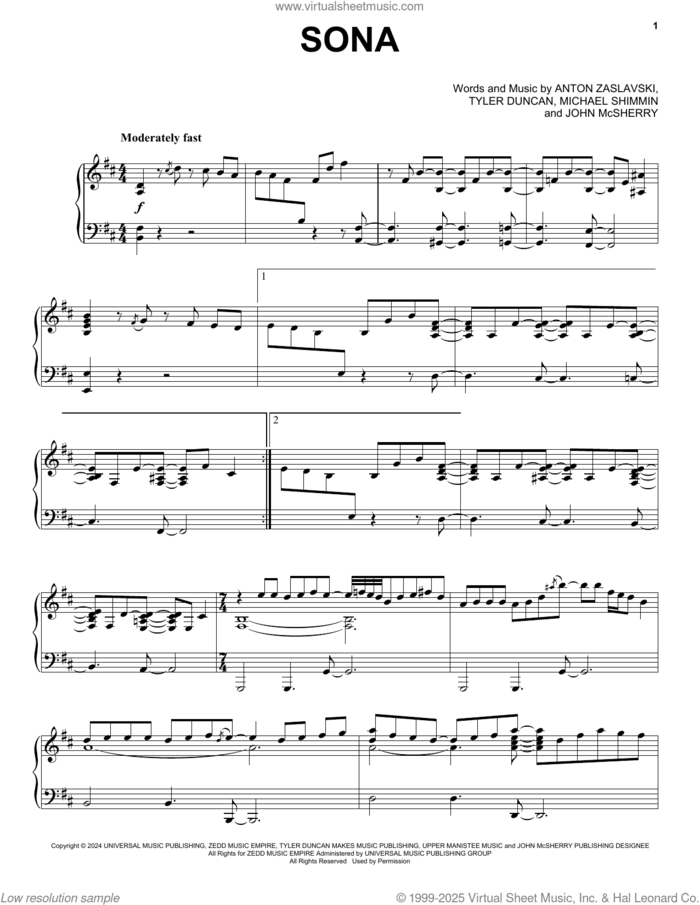 Sona (feat. The Olllam) sheet music for piano solo by Zedd, Zedd Feat. The Olllam, Anton Zaslavski, John Mcsherry, Michael Shimmin and Tyler Duncan, intermediate skill level