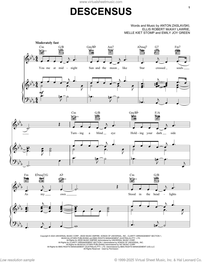 Descensus (feat. Dora Jar) sheet music for voice, piano or guitar by Zedd, Zedd feat. Dora Jar, Anton Zaslavski, Ellis Robert Mckay Lawrie, Emily Joy Green and Melle Kiet Stomp, intermediate skill level