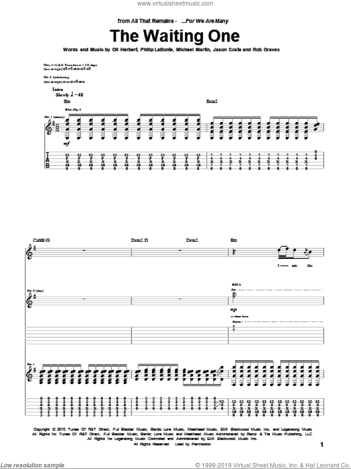 The Waiting One sheet music for guitar (tablature) by All That Remains, Jason Costa, Michael Martin, Oli Herbert, Philip LaBonte and Rob Graves, intermediate skill level