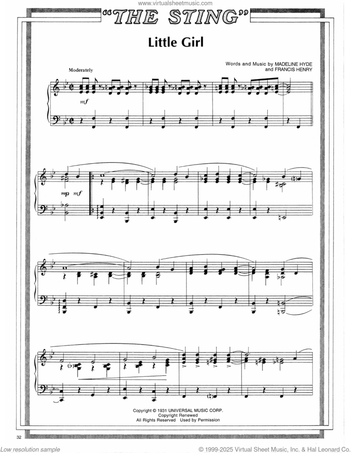 Little Girl (arr. Marvin Hamlisch) sheet music for piano solo by Joe Venuti's Blue Four, Marvin Hamlisch, Scott Joplin, Francis Henry and Madeline Hyde, intermediate skill level