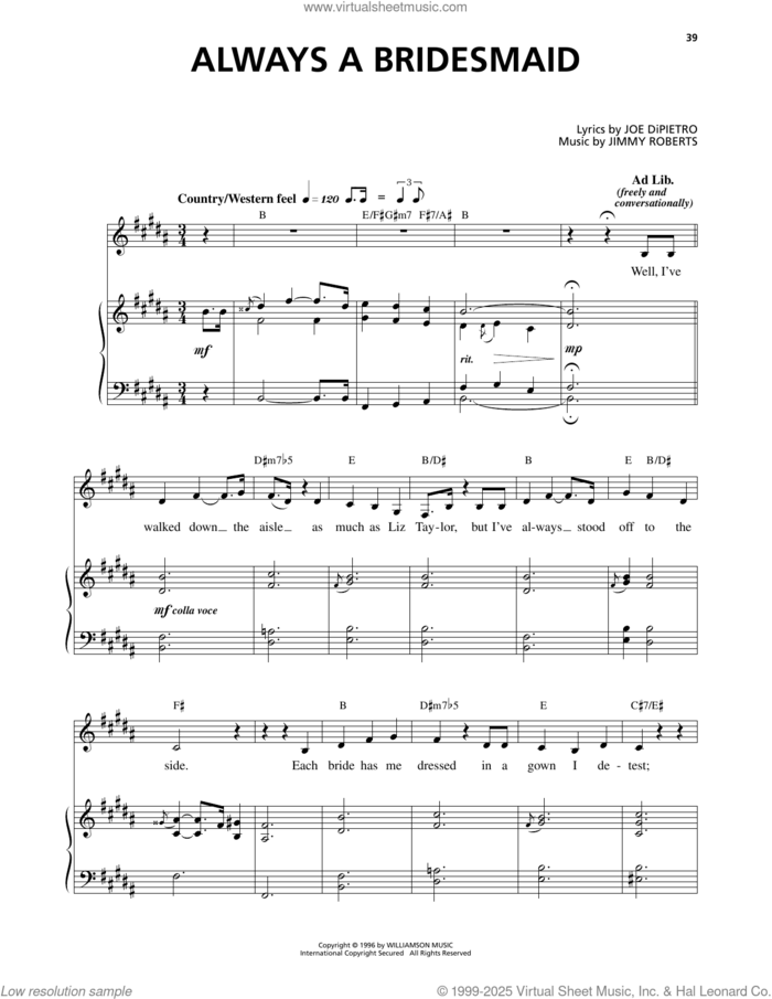 Always A Bridesmaid (from I Love You, You're Perfect, Now Change) sheet music for voice and piano by Jimmy Roberts and Joe DiPietro, intermediate skill level