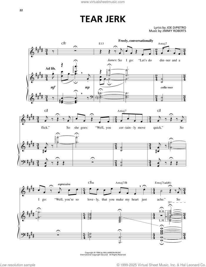 Tear Jerk (from I Love You, You're Perfect, Now Change) sheet music for voice and piano by Jimmy Roberts and Joe DiPietro, intermediate skill level