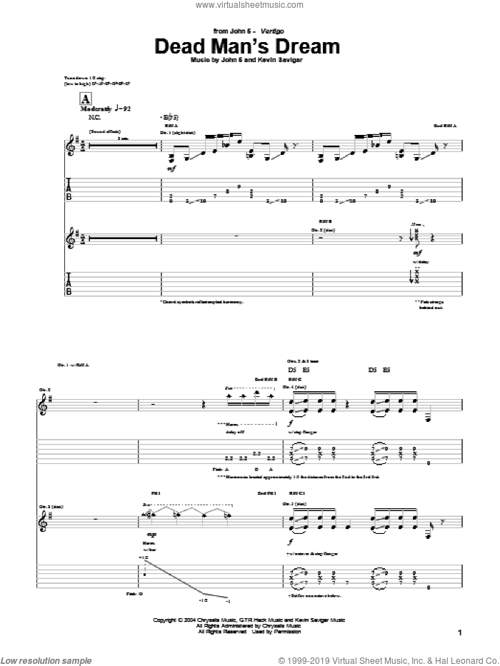 Dead Man's Dream sheet music for guitar (tablature) by John5 and Kevin Savigar, intermediate skill level