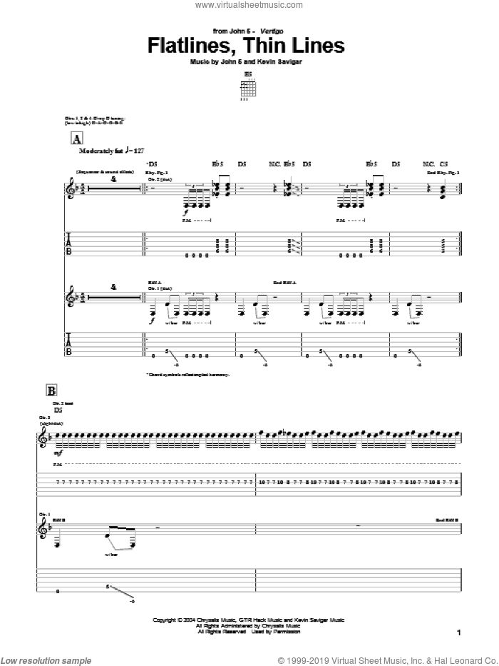 Flatlines, Thin Lines sheet music for guitar (tablature) by John5 and Kevin Savigar, intermediate skill level