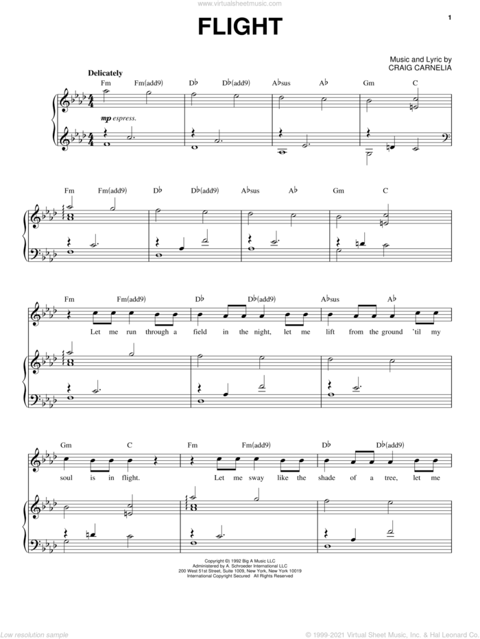 Flight sheet music for voice and piano by Craig Carnelia, intermediate skill level