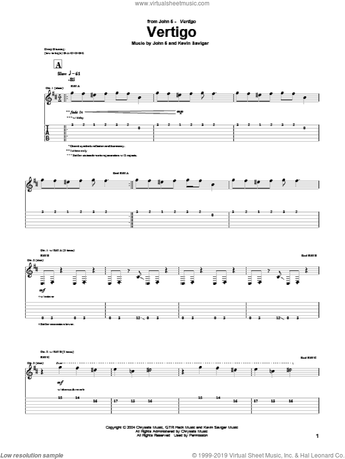 Vertigo sheet music for guitar (tablature) by John5 and Kevin Savigar, intermediate skill level