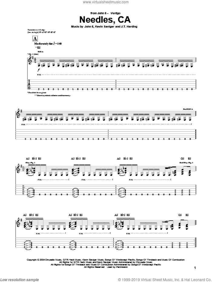 Needles, CA sheet music for guitar (tablature) by John5, J.T. Harding and Kevin Savigar, intermediate skill level