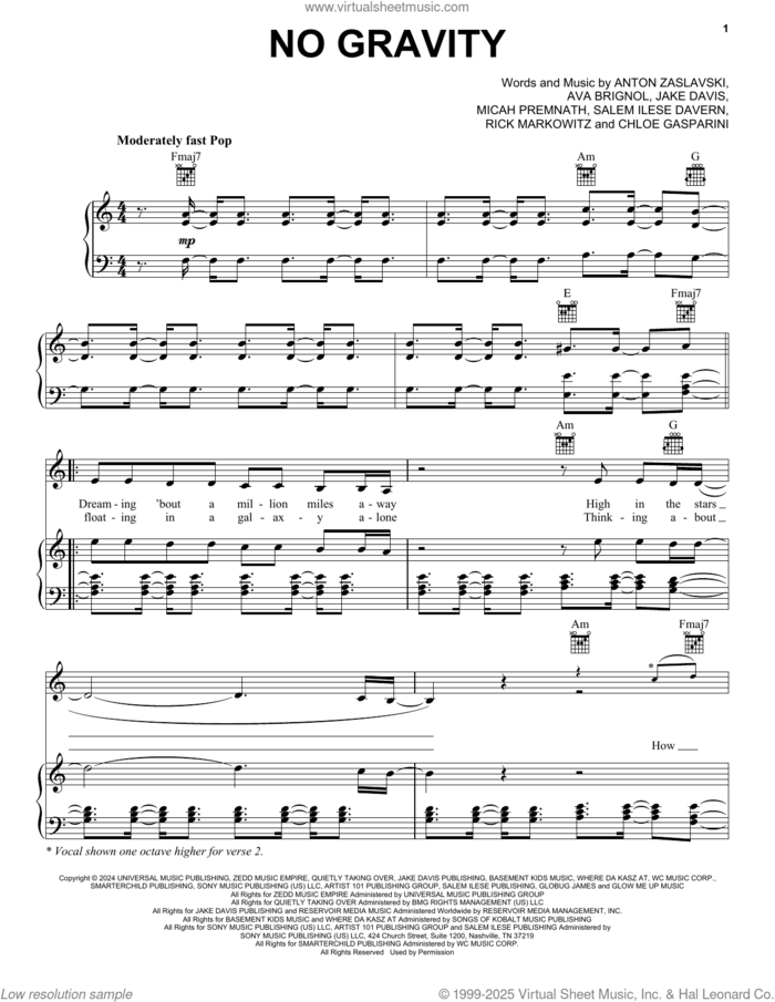 No Gravity (feat. Bava) sheet music for voice, piano or guitar by Zedd, Zedd Feat. Bava, Anton Zaslavski, Ava Brignol, Chloe Gasparini, Jacob Aronson P/k/a Jake Davis, Micah Premnath, Rick Markowitz and Salem Ilese Davern, intermediate skill level