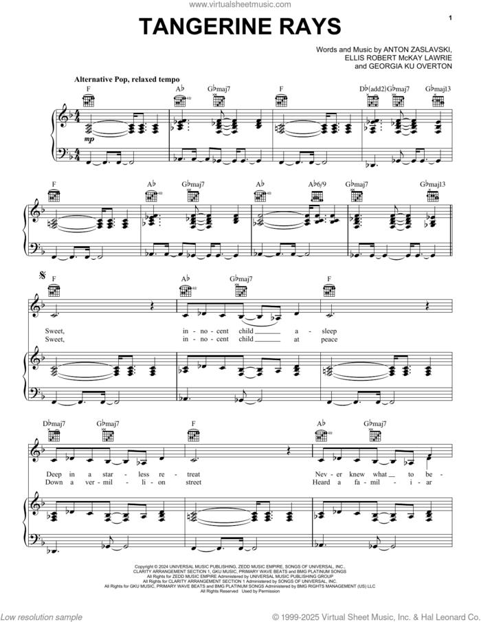 Tangerine Rays (feat. Bea Miller) sheet music for voice, piano or guitar by Zedd, Zedd Feat. Bea Miller, Anton Zaslavski, Bea Miller, Ellis Robert Mckay Lawrie, Gayathri Karunakar Menon and Georgia Ku Overton, intermediate skill level
