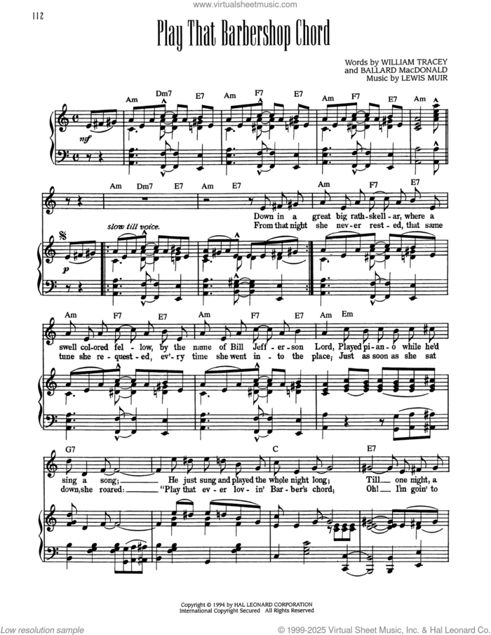 Play That Barbershop Chord sheet music for voice, piano or guitar by Ballard MacDonald, Bert Williams, Lewis Muir and William Tracey, intermediate skill level