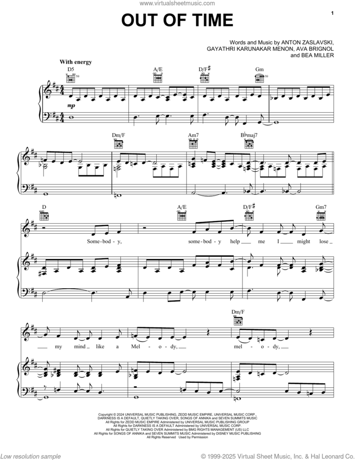Out Of Time (feat. Bea Miller) sheet music for voice, piano or guitar by Zedd, Zedd Feat. Bea Miller, Anton Zaslavski, Ava Brignol, Bea Miller and Gayathri Karunakar Menon, intermediate skill level