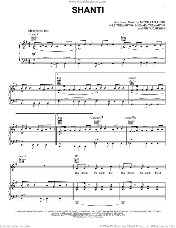 Shanti sheet music for voice, piano or guitar by Zedd, Anton Zaslavski, Kyle Trewartha, Michael Trewartha and Priyadarshini Shyamsunder, intermediate skill level