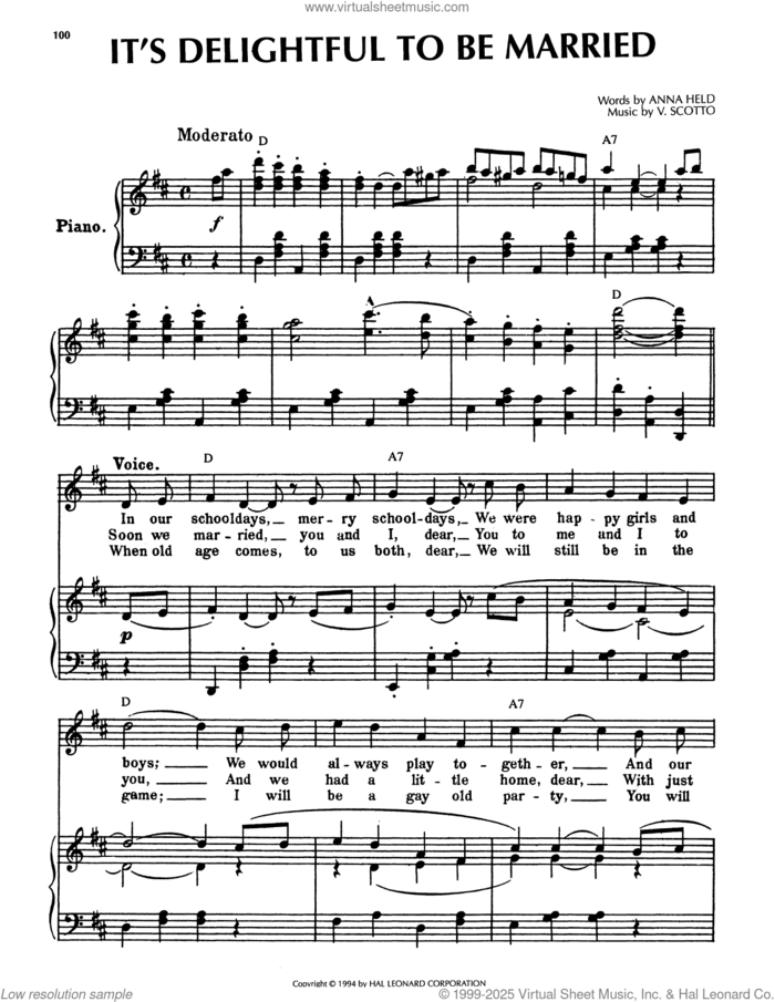 It's Delightful To Be Married sheet music for voice, piano or guitar by Anna Held and V. Scotto, intermediate skill level