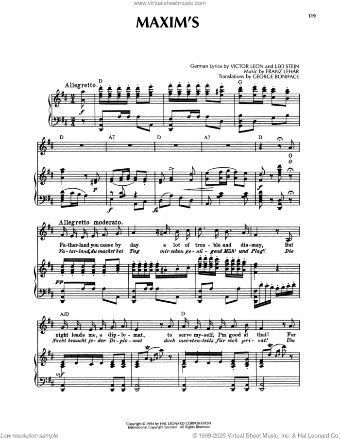 Maxim's sheet music for voice, piano or guitar by Franz Lehar, Leo Stein and Victor Leon, intermediate skill level