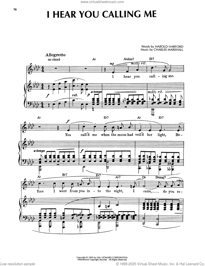 I Hear You Calling Me sheet music for voice, piano or guitar by Charles Marshall, intermediate skill level