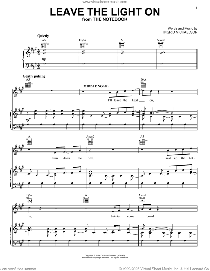 Leave the Light On (from The Notebook) sheet music for voice, piano or guitar by Ingrid Michaelson, intermediate skill level