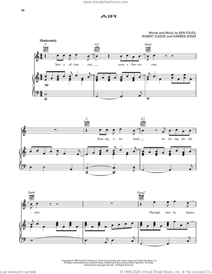 Air sheet music for voice, piano or guitar by Ben Folds Five, Ben Folds, Darren Jessee and Robert Sledge, intermediate skill level