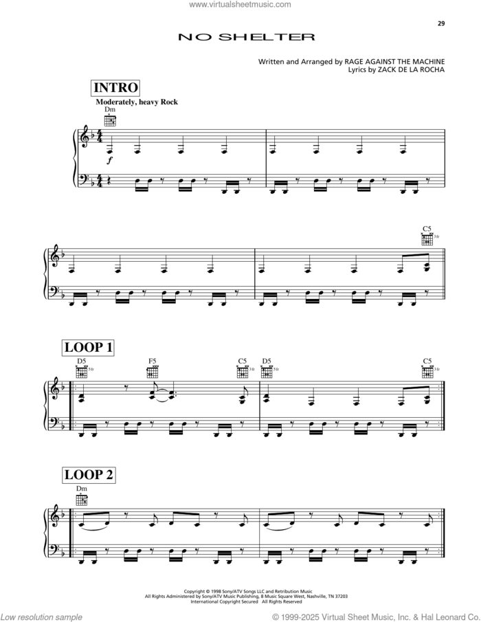 No Shelter (from Godzilla) sheet music for voice, piano or guitar by Rage Against The Machine, intermediate skill level