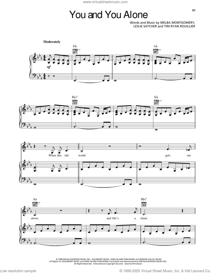 You And You Alone sheet music for voice, piano or guitar by Randy Travis, Leslie Satcher, Melba Montgomery and Tim Ryan Rouillier, intermediate skill level