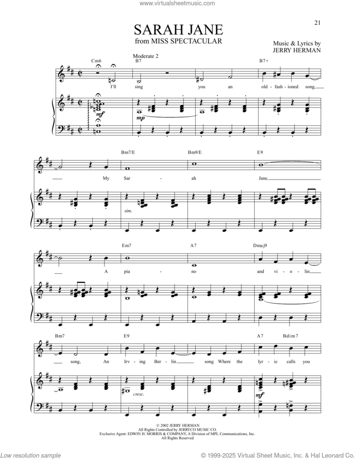 Sarah Jane (from Miss Spectacular) sheet music for voice and piano by Jerry Herman, intermediate skill level